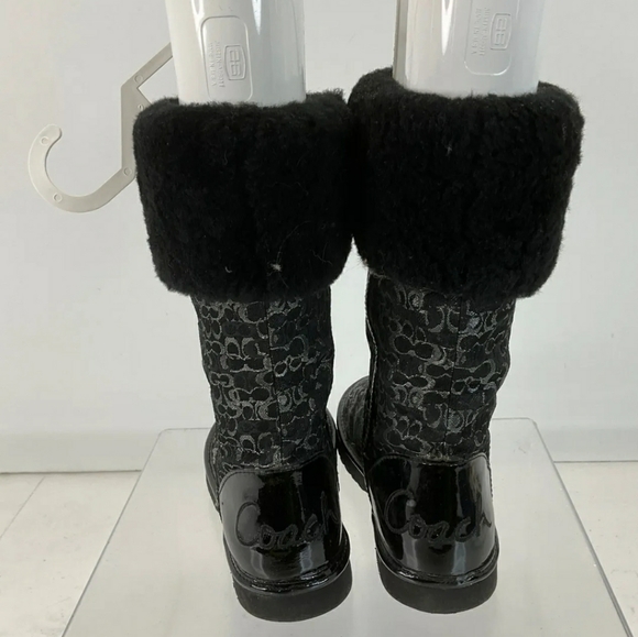 Coach Designer Nikole Black & Glittery Gray Signature Fabric & Fur Boots Size 5 - Picture 3 of 5